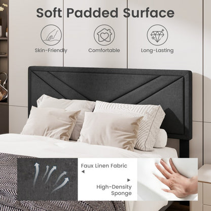Tufted Faux Linen Upholstered Platform Bed with High Headboard and Sturdy Wood Slats – Queen Size