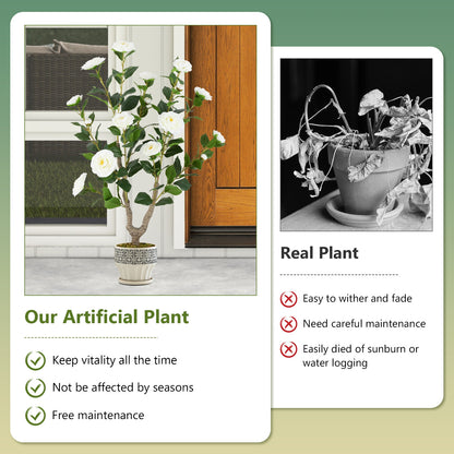 36 Inch Artificial Camellia Tree with Vibrant Blooming Flowers