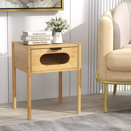Tall Bamboo Nightstand with Stylish Decorative Drawer – Square End Table