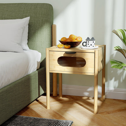 Tall Bamboo Nightstand with Stylish Decorative Drawer – Square End Table