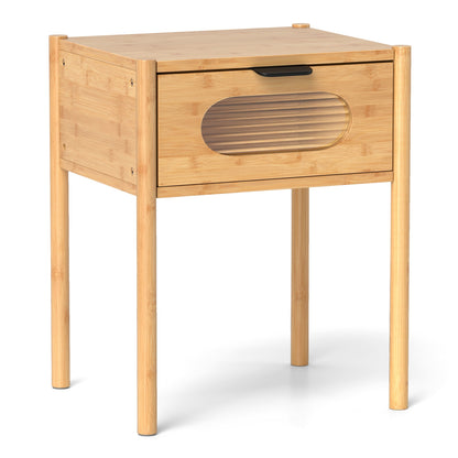 Tall Bamboo Nightstand with Stylish Decorative Drawer – Square End Table