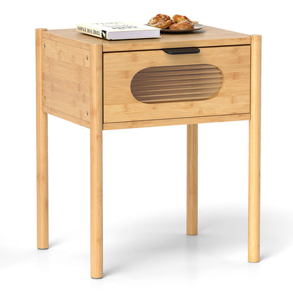 Tall Bamboo Nightstand with Stylish Decorative Drawer – Square End Table