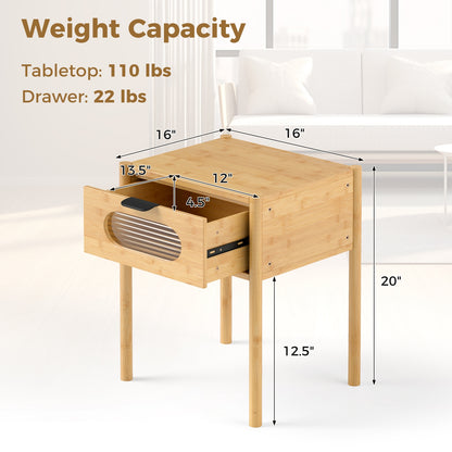 Tall Bamboo Nightstand with Stylish Decorative Drawer – Square End Table