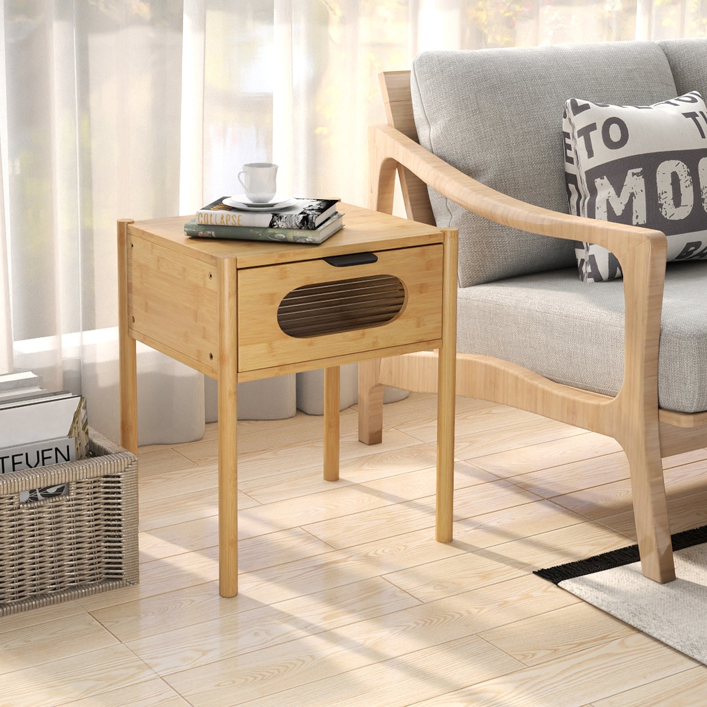 Tall Bamboo Nightstand with Stylish Decorative Drawer – Square End Table