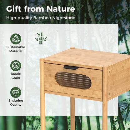 Tall Bamboo Nightstand with Stylish Decorative Drawer – Square End Table