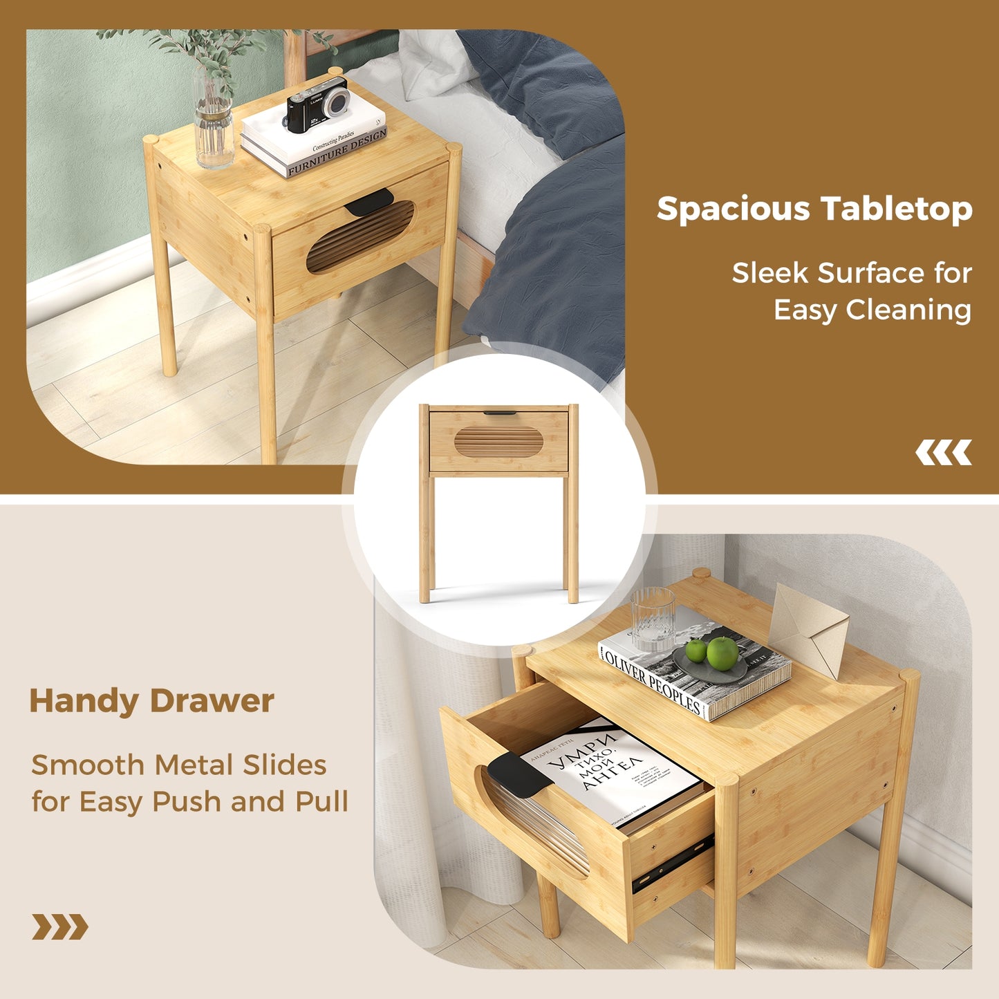 Tall Bamboo Nightstand with Stylish Decorative Drawer – Square End Table