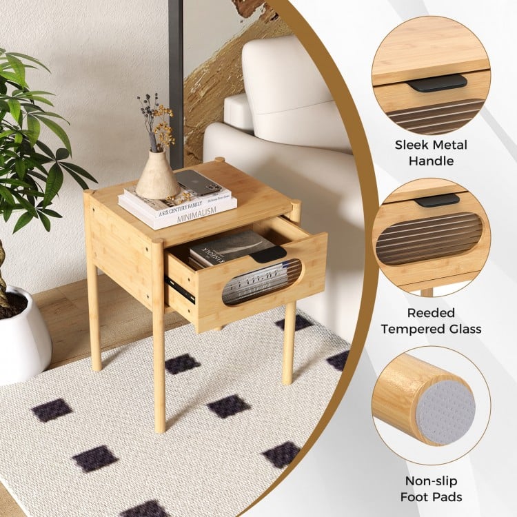 Tall Bamboo Nightstand with Stylish Decorative Drawer – Square End Table