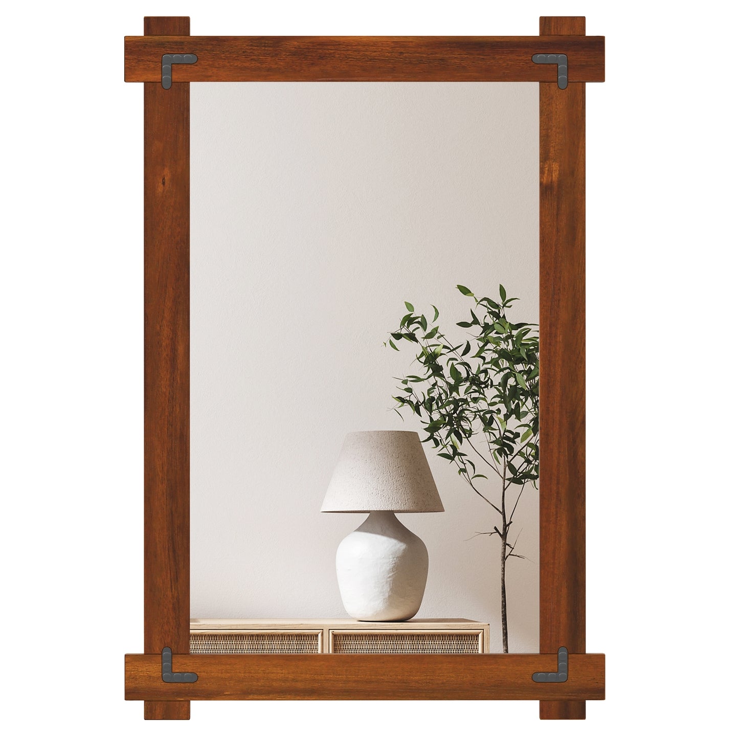 35" x 24" Rustic Wood Framed Mirror with Acacia Wood and Vintage Rivet Detailing in Brown