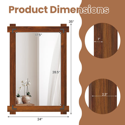 35" x 24" Rustic Wood Framed Mirror with Acacia Wood and Vintage Rivet Detailing in Brown
