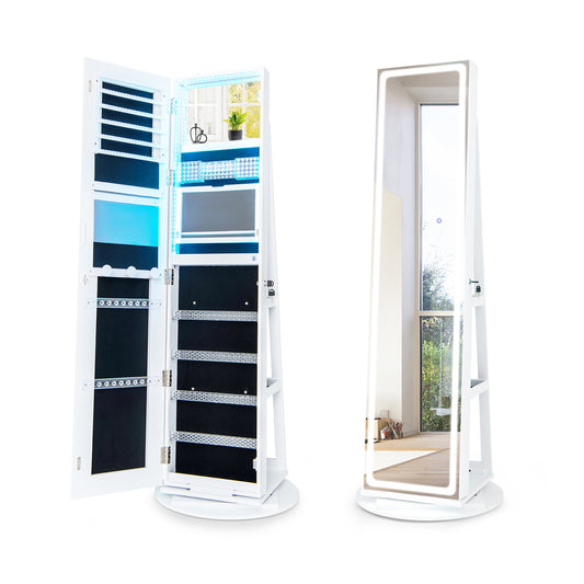 4-in-1 Standing Jewelry Cabinet with Full-Length LED Mirror, Lockable Storage, Rotating Base and Foldable Vanity Shelf – White