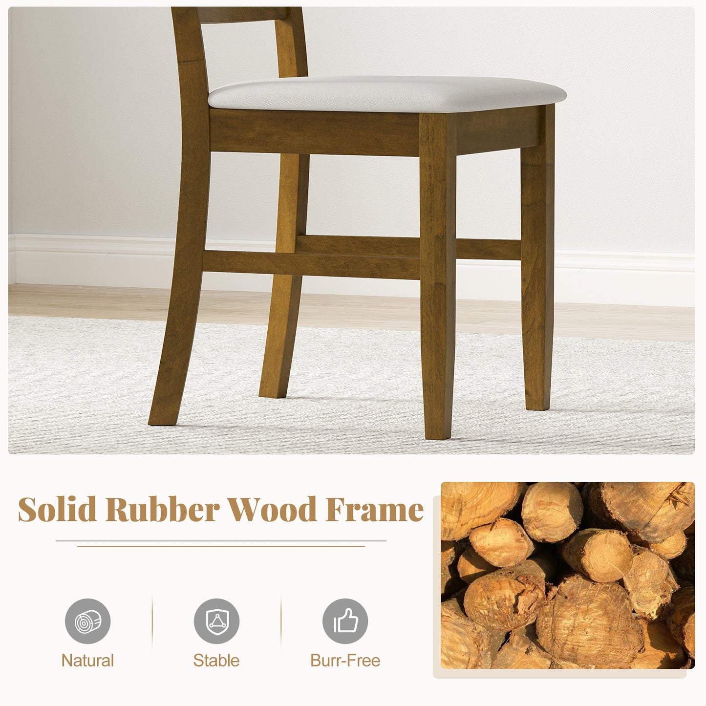 Dining Chairs with Padded Seat and Sturdy Rubber Wood Frame, Set of 2