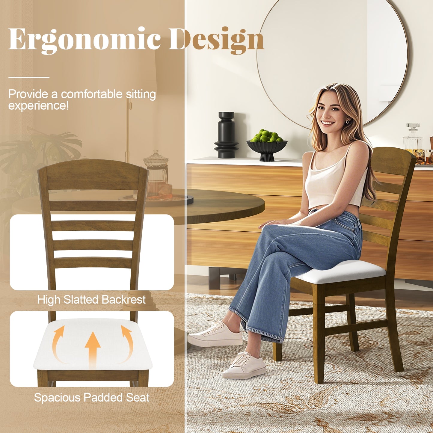 Dining Chairs with Padded Seat and Sturdy Rubber Wood Frame, Set of 2