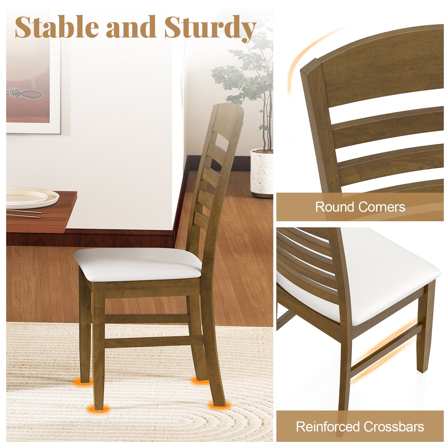 Dining Chairs with Padded Seat and Sturdy Rubber Wood Frame, Set of 2