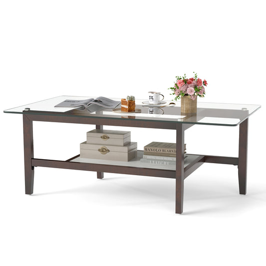 2 Tier Rectangular Coffee Table with Clear Tempered Glass and Open Shelf
