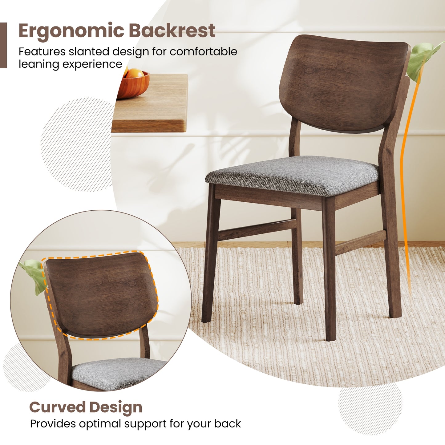 Set of 2 Farmhouse Upholstered Dining Chairs with Rubber Wood Frame – Grey