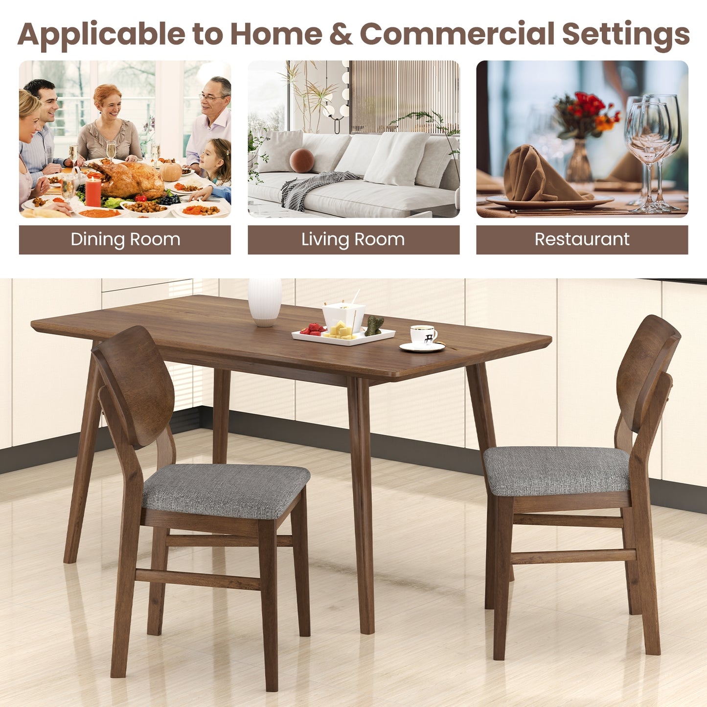Set of 2 Farmhouse Upholstered Dining Chairs with Rubber Wood Frame – Grey