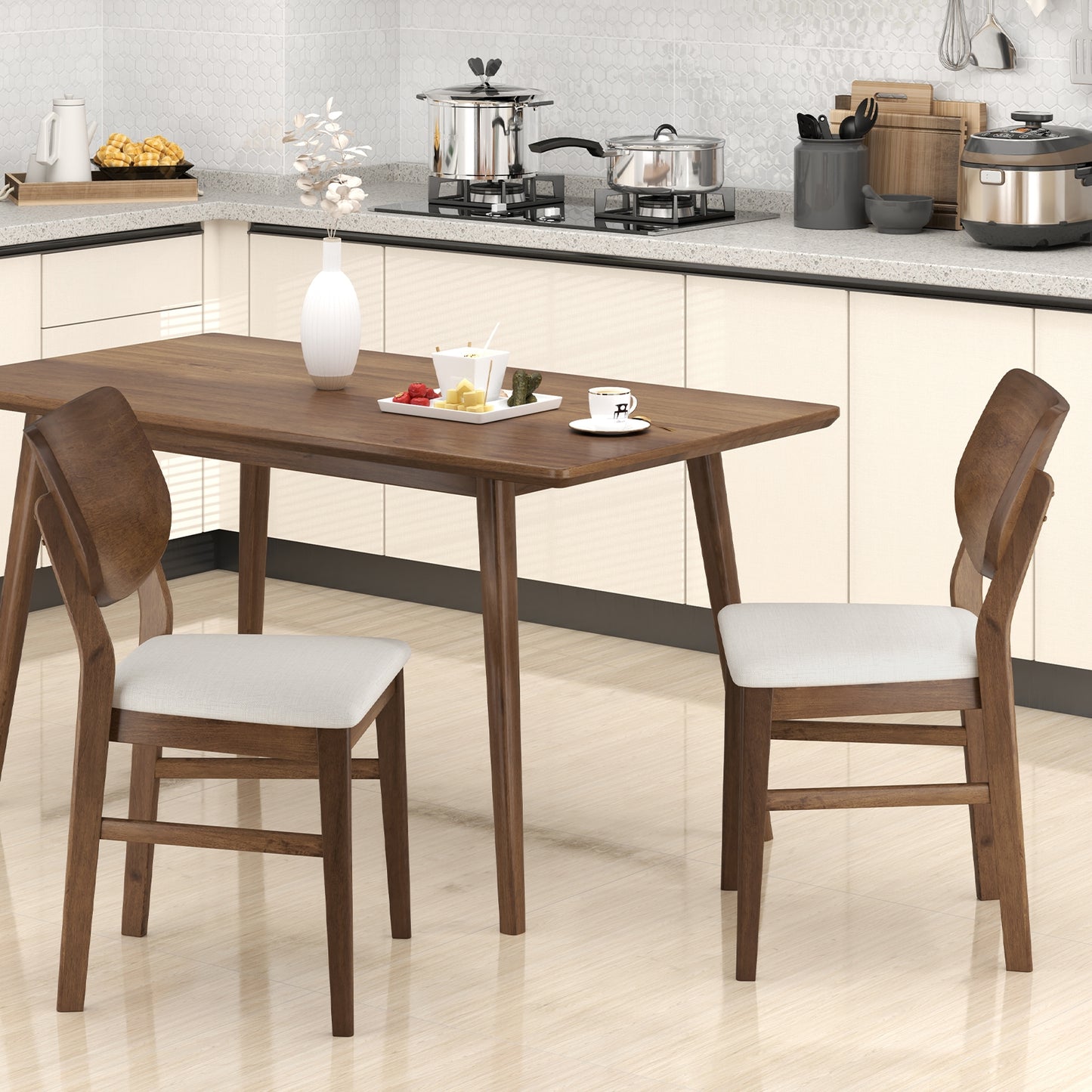 Set of 2 Farmhouse Upholstered Dining Chairs with Rubber Wood Frame – White