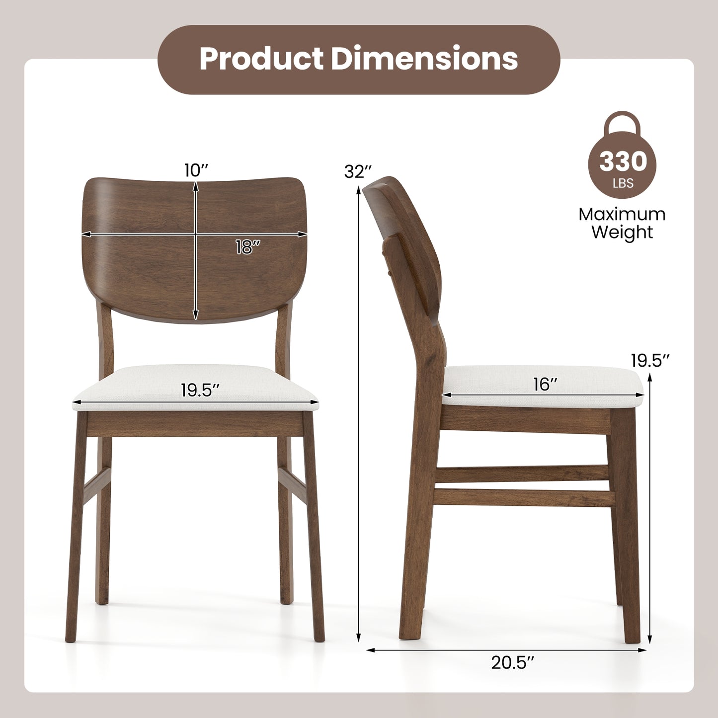 Set of 2 Farmhouse Upholstered Dining Chairs with Rubber Wood Frame – White
