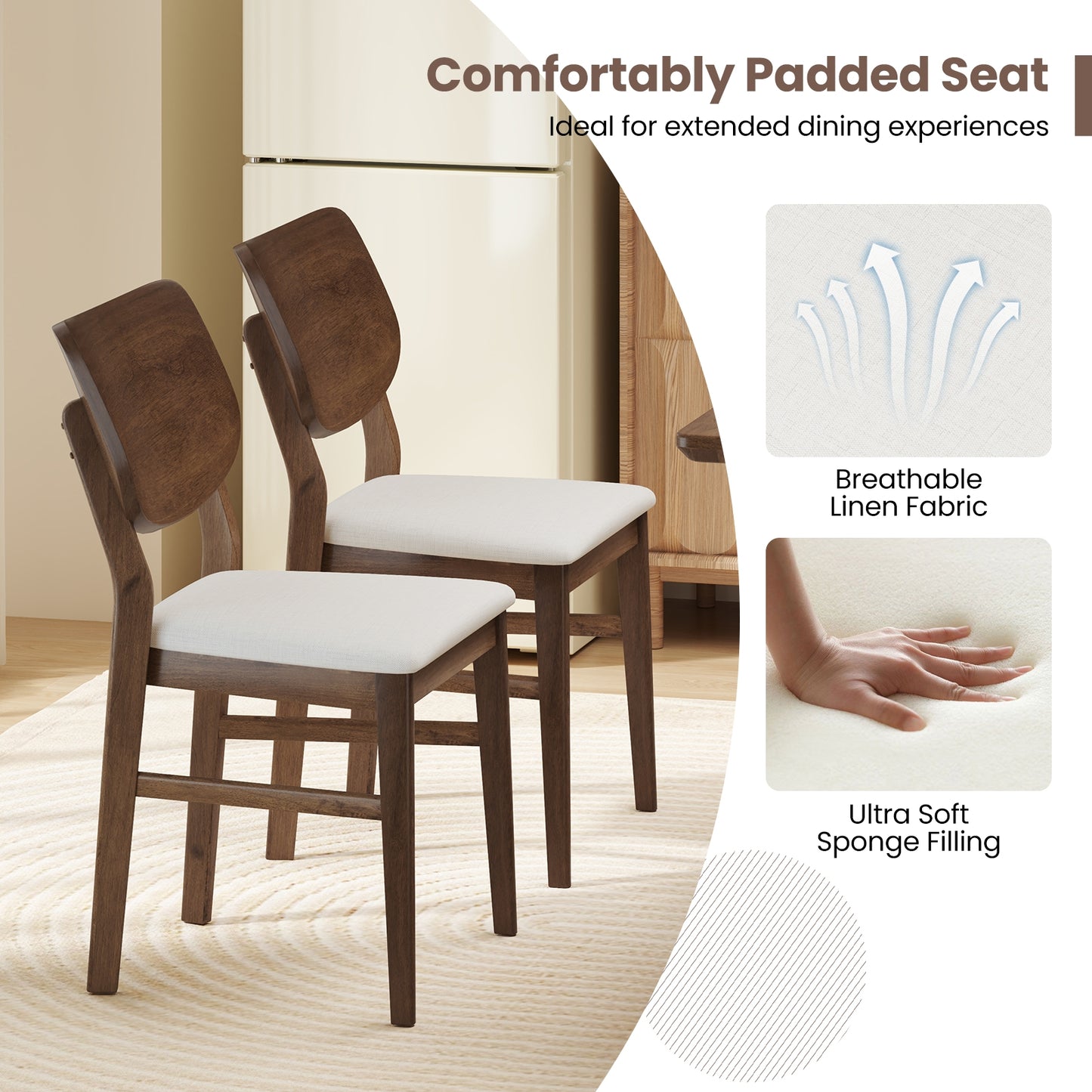 Set of 2 Farmhouse Upholstered Dining Chairs with Rubber Wood Frame – White