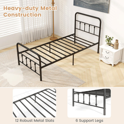 Victorian Style Metal Bed Frame with Headboard and 12.5" Underbed Storage – Twin Size