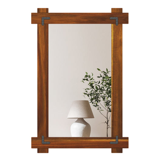 40" x 28.5" Rustic Wood Framed Mirror with Acacia Wood and Vintage Rivet Detailing in Brown