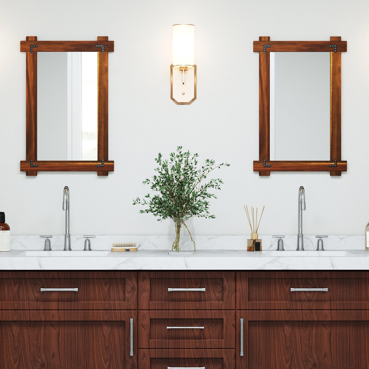40" x 28.5" Rustic Wood Framed Mirror with Acacia Wood and Vintage Rivet Detailing in Brown