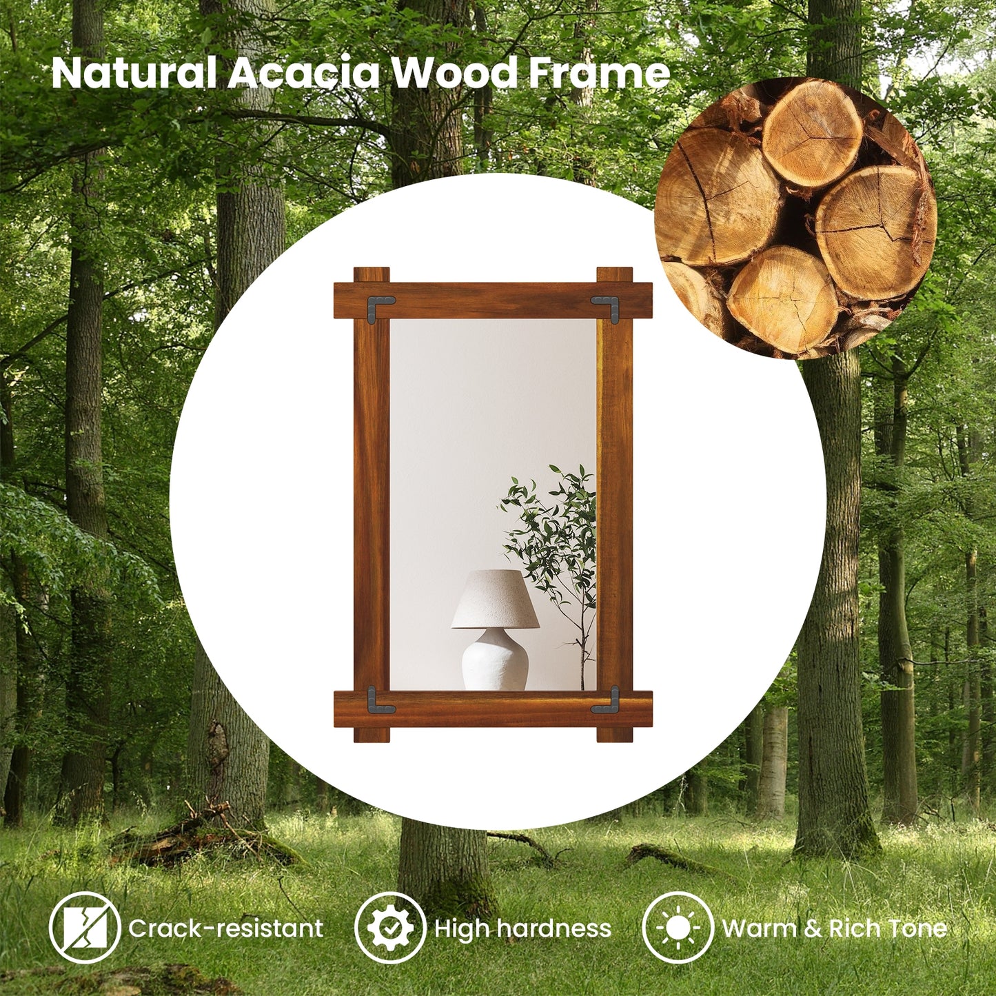 40" x 28.5" Rustic Wood Framed Mirror with Acacia Wood and Vintage Rivet Detailing in Brown