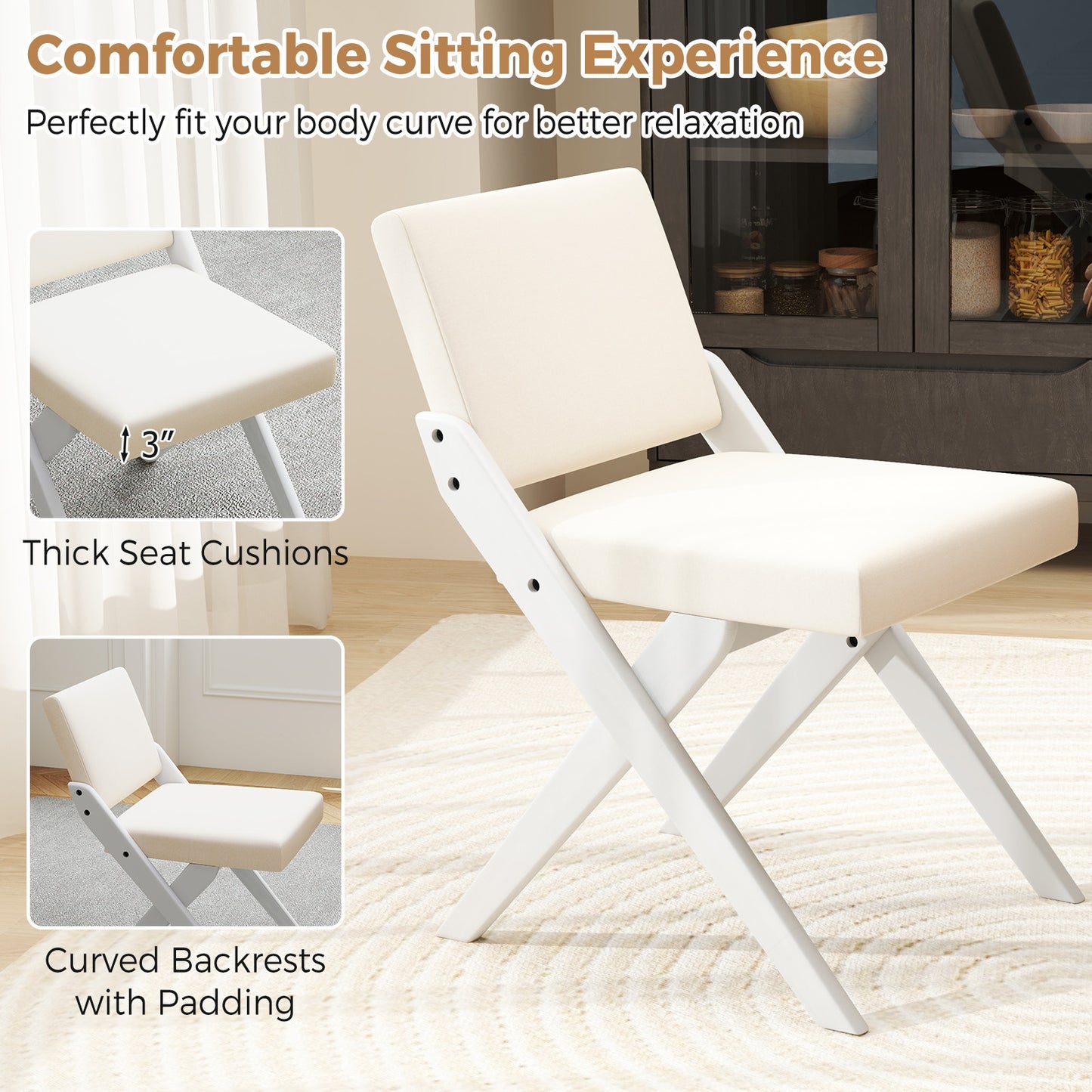 Set of 2 Wooden Dining Chairs with Padded Cushions and Rubber Wood Frame