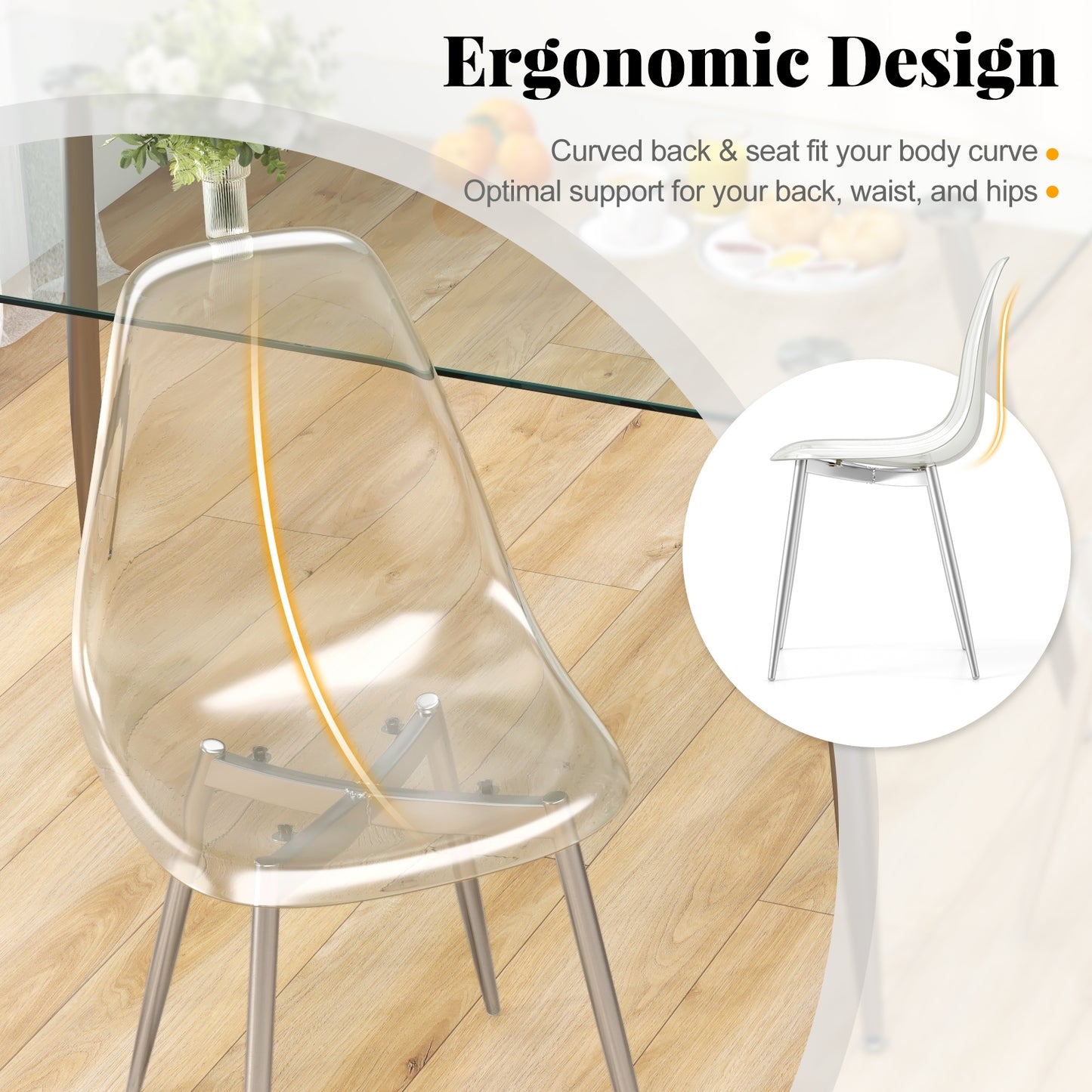 Modern Dining Chairs with Clear Plastic Shell and Silver Metal Legs - Set of 4