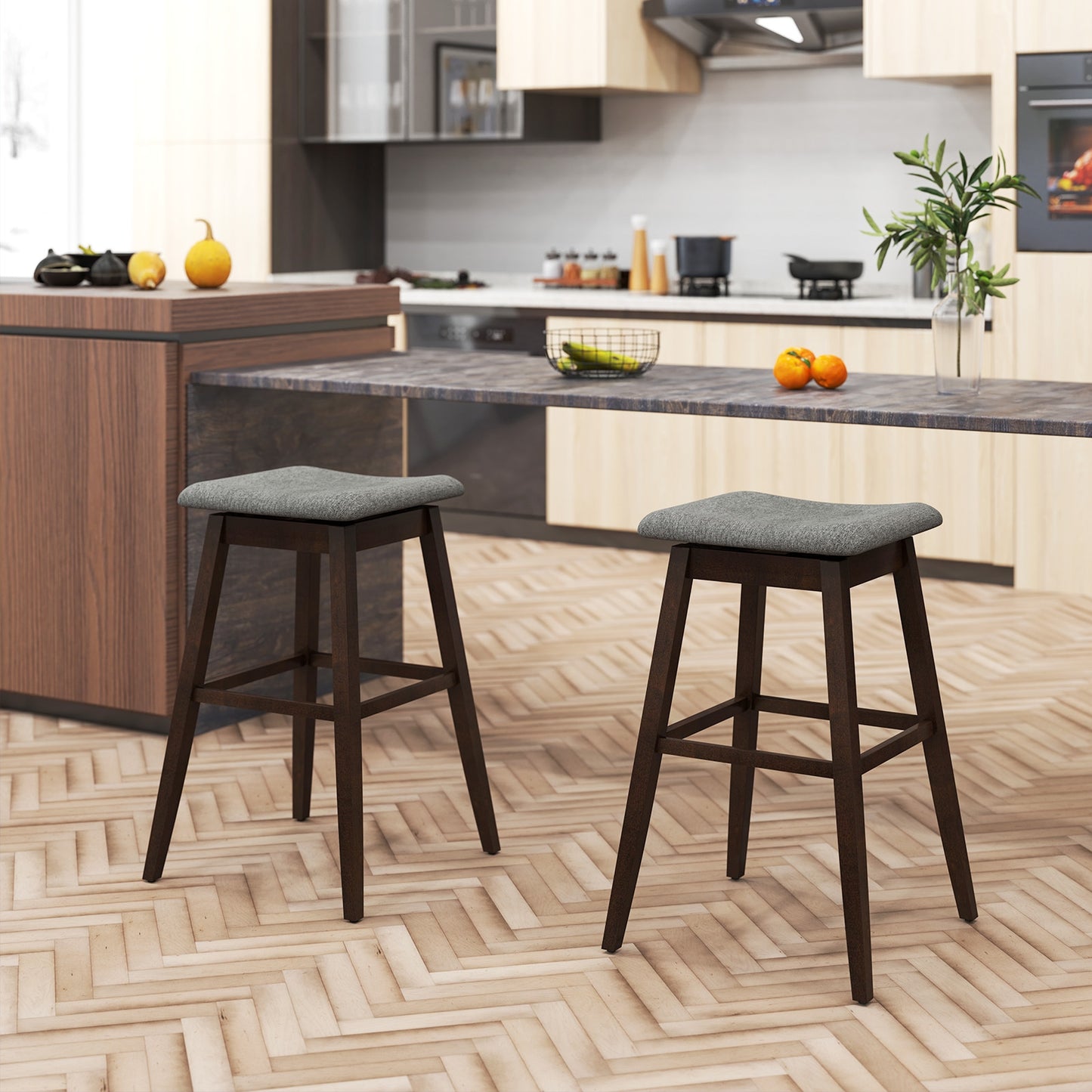 Modern Swivel Bar Stools with Rubber Wood Legs and Built In Footrest Set of 2
