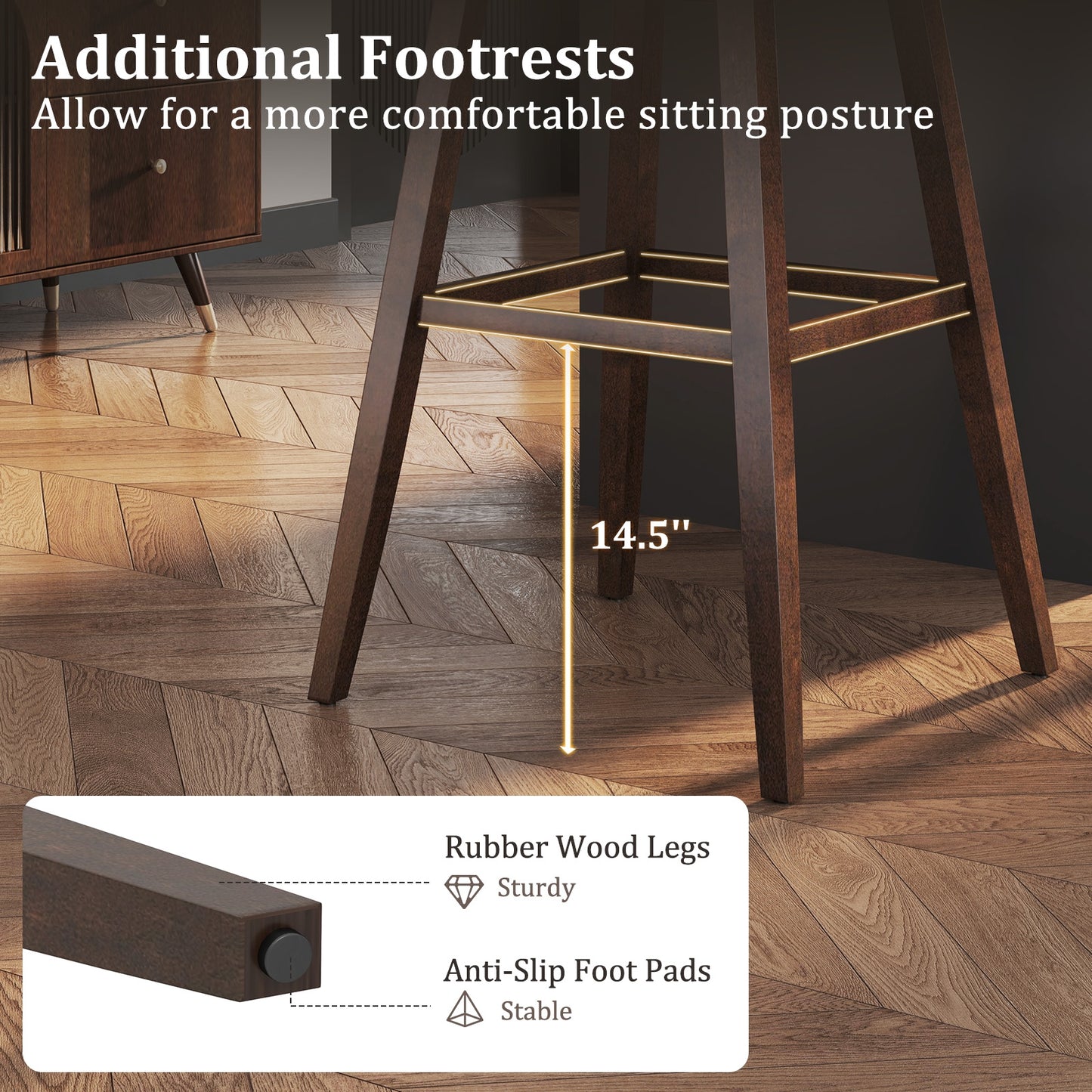 Modern Swivel Bar Stools with Rubber Wood Legs and Built In Footrest Set of 2