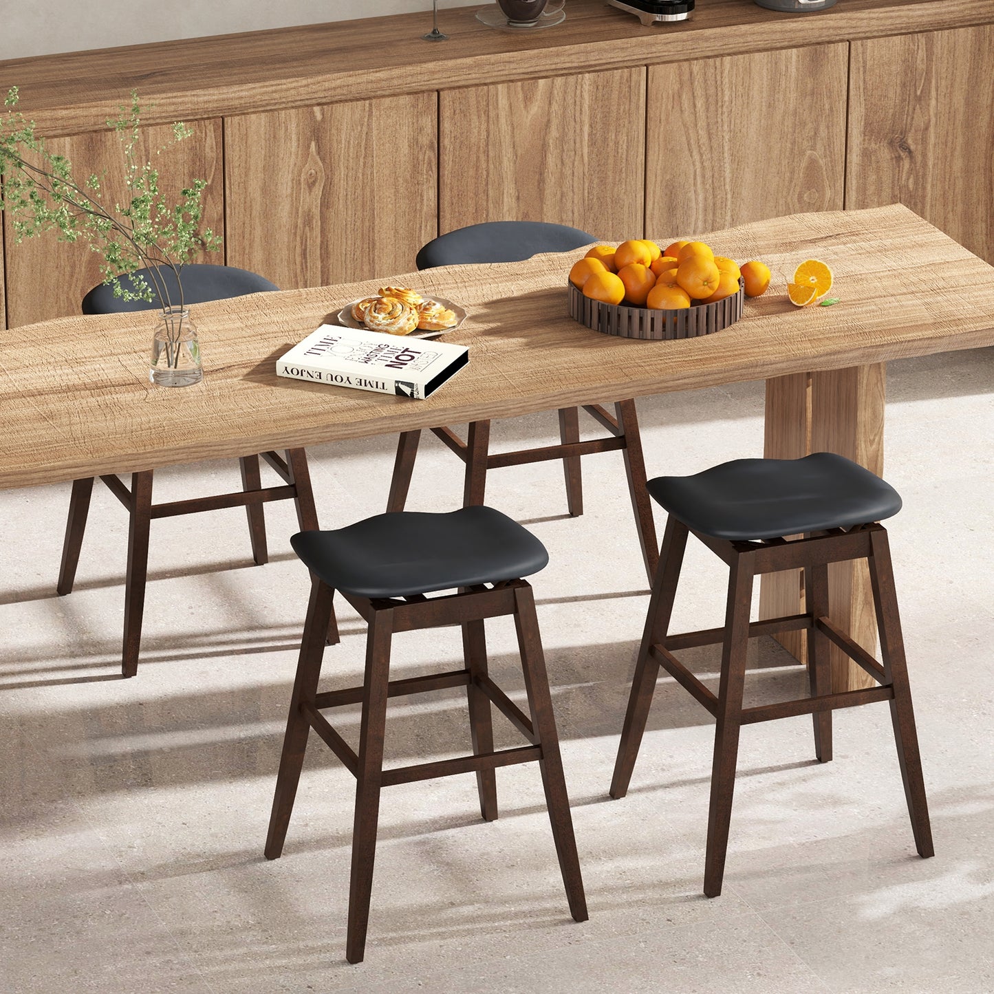 Modern Swivel Bar Stools with Contoured Cushioned Seats and Footrests Set of 2