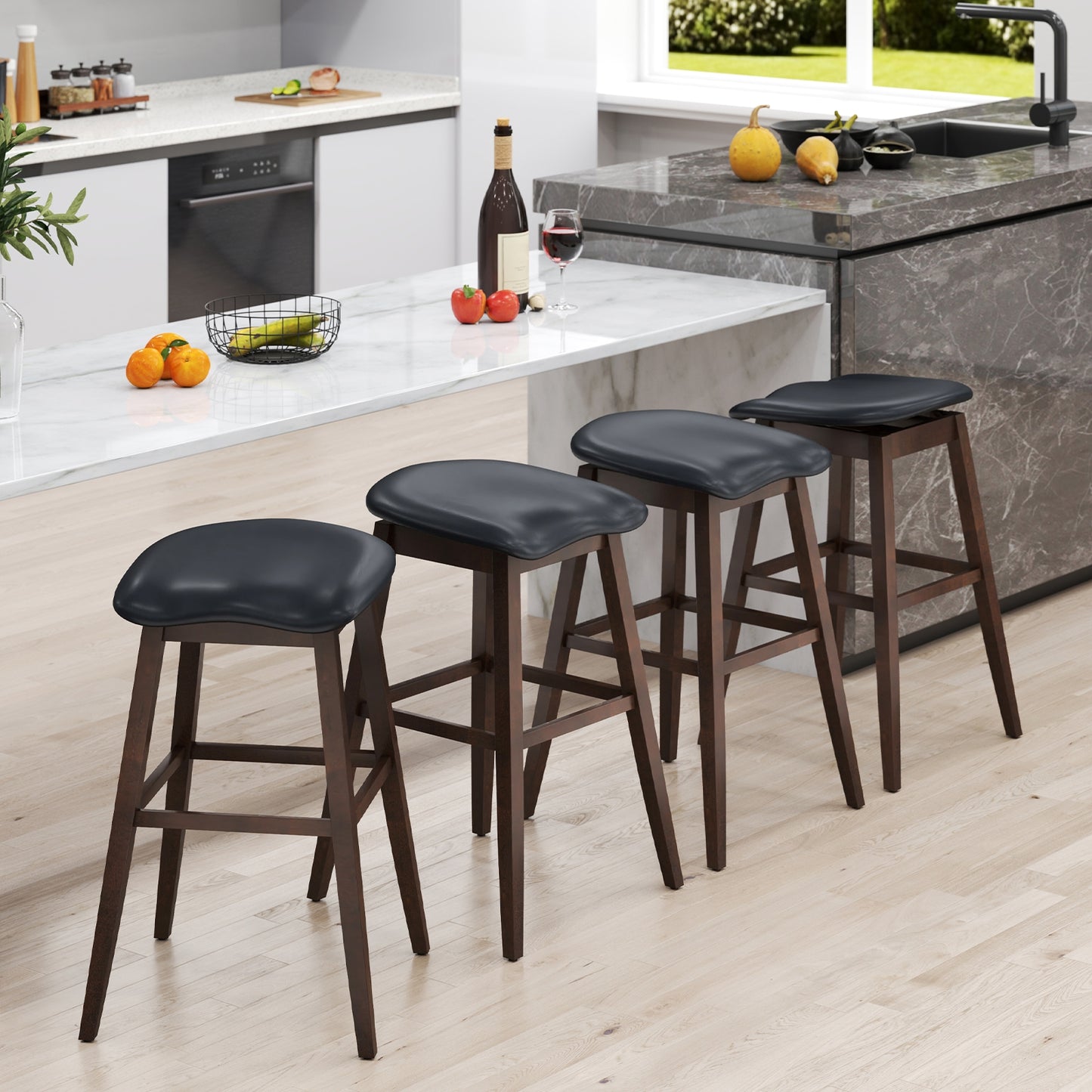 Modern Swivel Bar Stools with Contoured Cushioned Seats and Footrests Set of 2