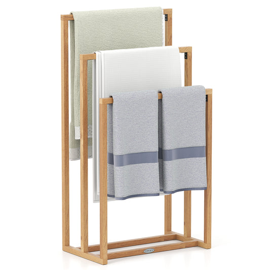 Freestanding Teak Wood Towel Rack with 3 Stepped Bars and Stable Base