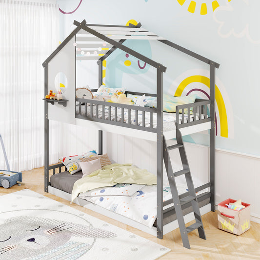House-Shaped Twin Over Twin Bunk Bed with Roof, Guardrails, and Interactive Window for Kids
