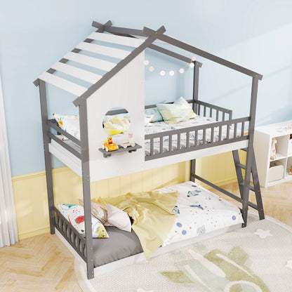 House-Shaped Twin Over Twin Bunk Bed with Roof, Guardrails, and Interactive Window for Kids