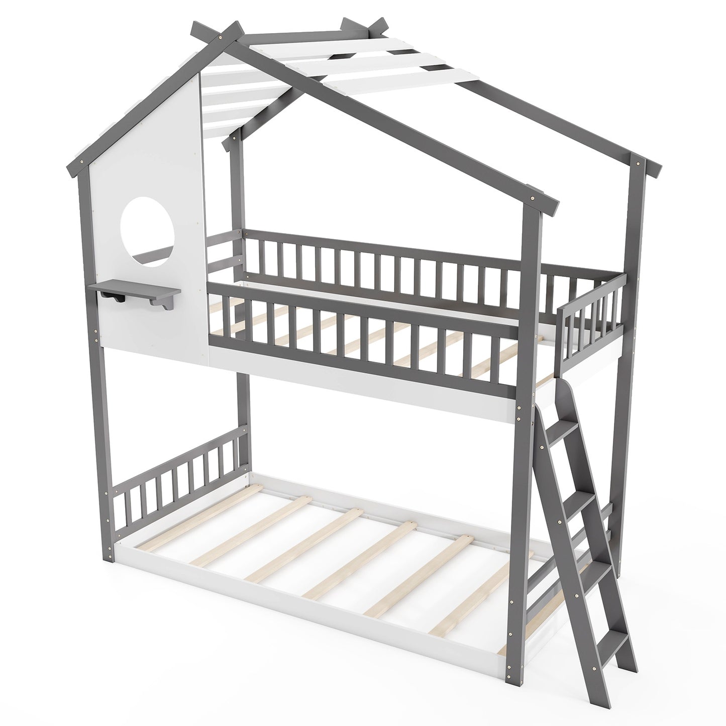 House-Shaped Twin Over Twin Bunk Bed with Roof, Guardrails, and Interactive Window for Kids