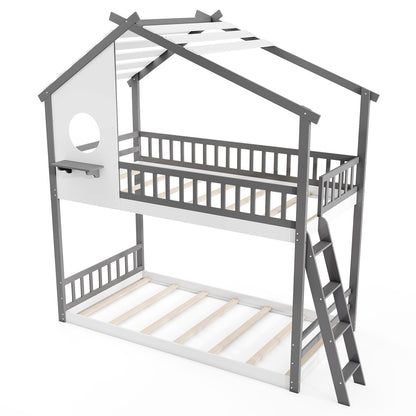 House-Shaped Twin Over Twin Bunk Bed with Roof, Guardrails, and Interactive Window for Kids