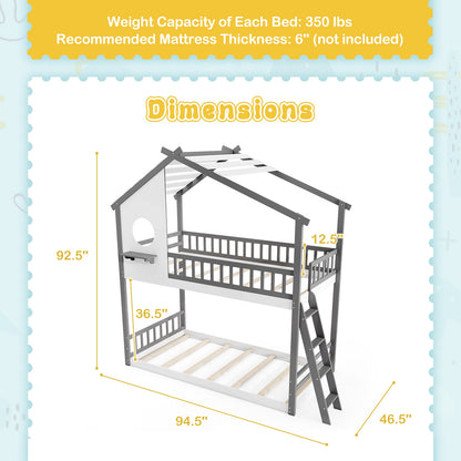 House-Shaped Twin Over Twin Bunk Bed with Roof, Guardrails, and Interactive Window for Kids