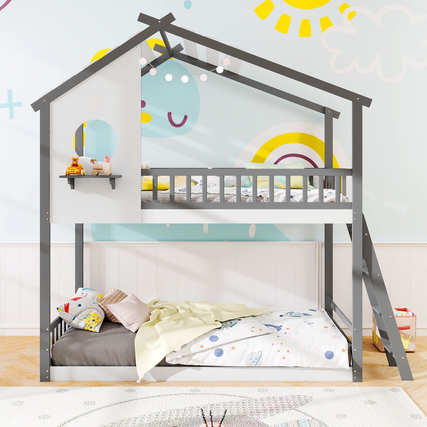 House-Shaped Twin Over Twin Bunk Bed with Roof, Guardrails, and Interactive Window for Kids