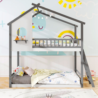 House-Shaped Twin Over Twin Bunk Bed with Roof, Guardrails, and Interactive Window for Kids
