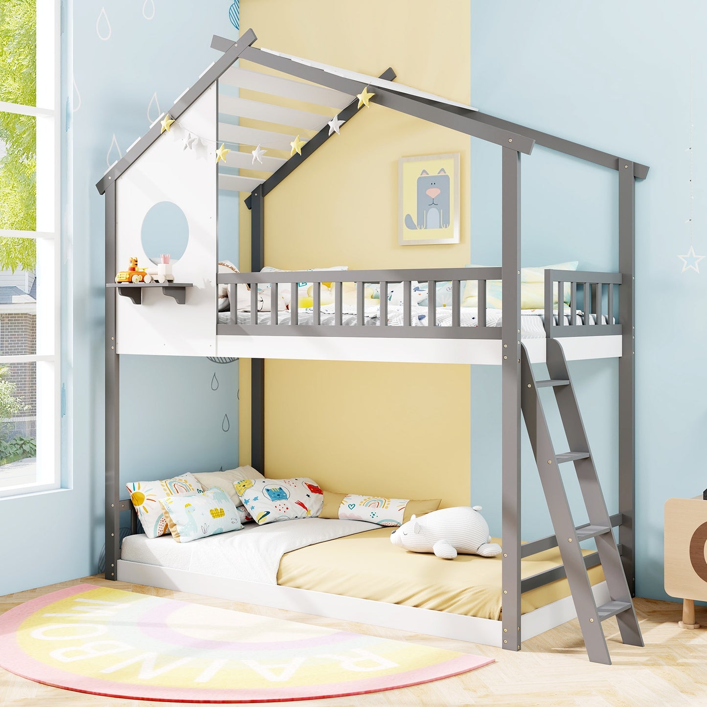 House-Shaped Twin Over Twin Bunk Bed with Roof, Guardrails, and Interactive Window for Kids