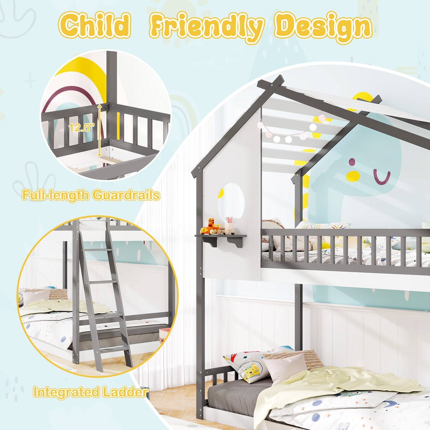 House-Shaped Twin Over Twin Bunk Bed with Roof, Guardrails, and Interactive Window for Kids