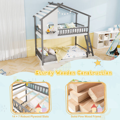 House-Shaped Twin Over Twin Bunk Bed with Roof, Guardrails, and Interactive Window for Kids