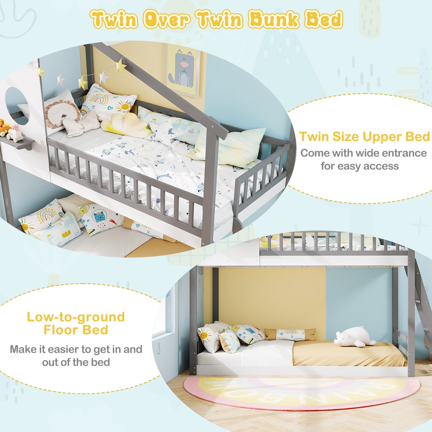 House-Shaped Twin Over Twin Bunk Bed with Roof, Guardrails, and Interactive Window for Kids