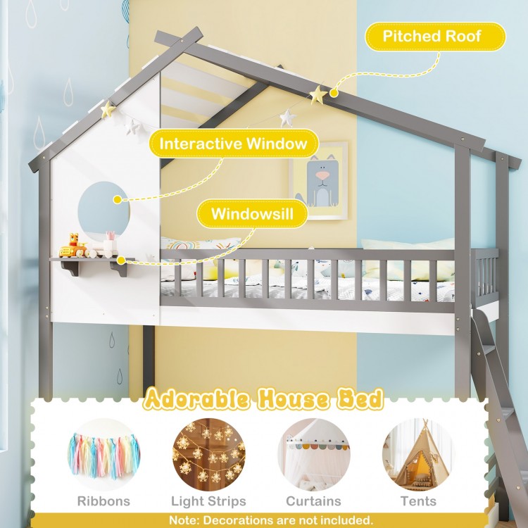 House-Shaped Twin Over Twin Bunk Bed with Roof, Guardrails, and Interactive Window for Kids