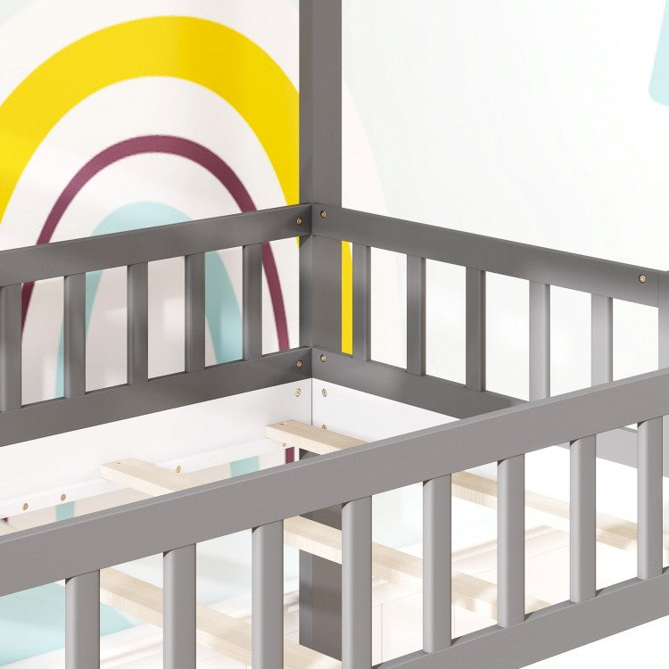 House-Shaped Twin Over Twin Bunk Bed with Roof, Guardrails, and Interactive Window for Kids