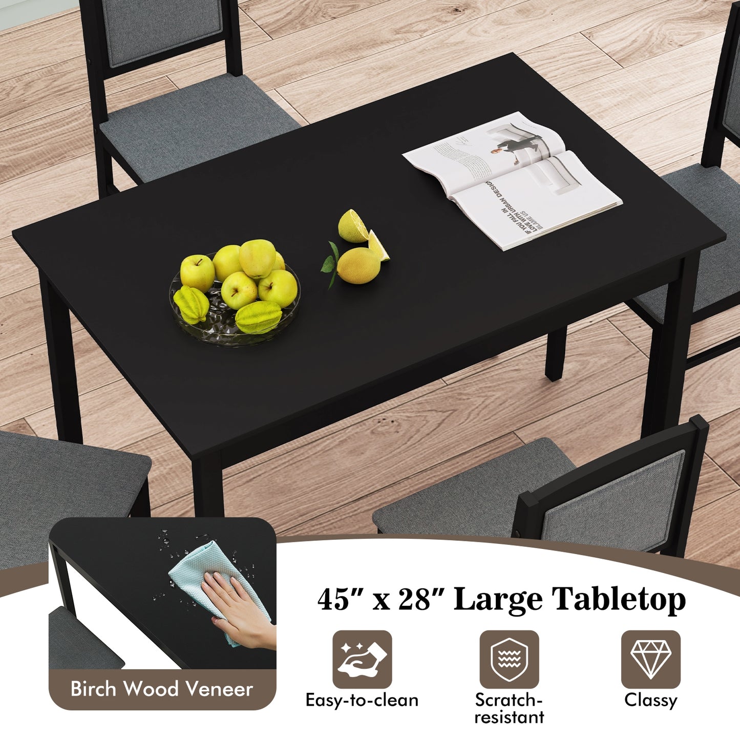 5 Piece Wooden Dining Set with Padded Chairs and Rectangular Table for Small Spaces - Grey