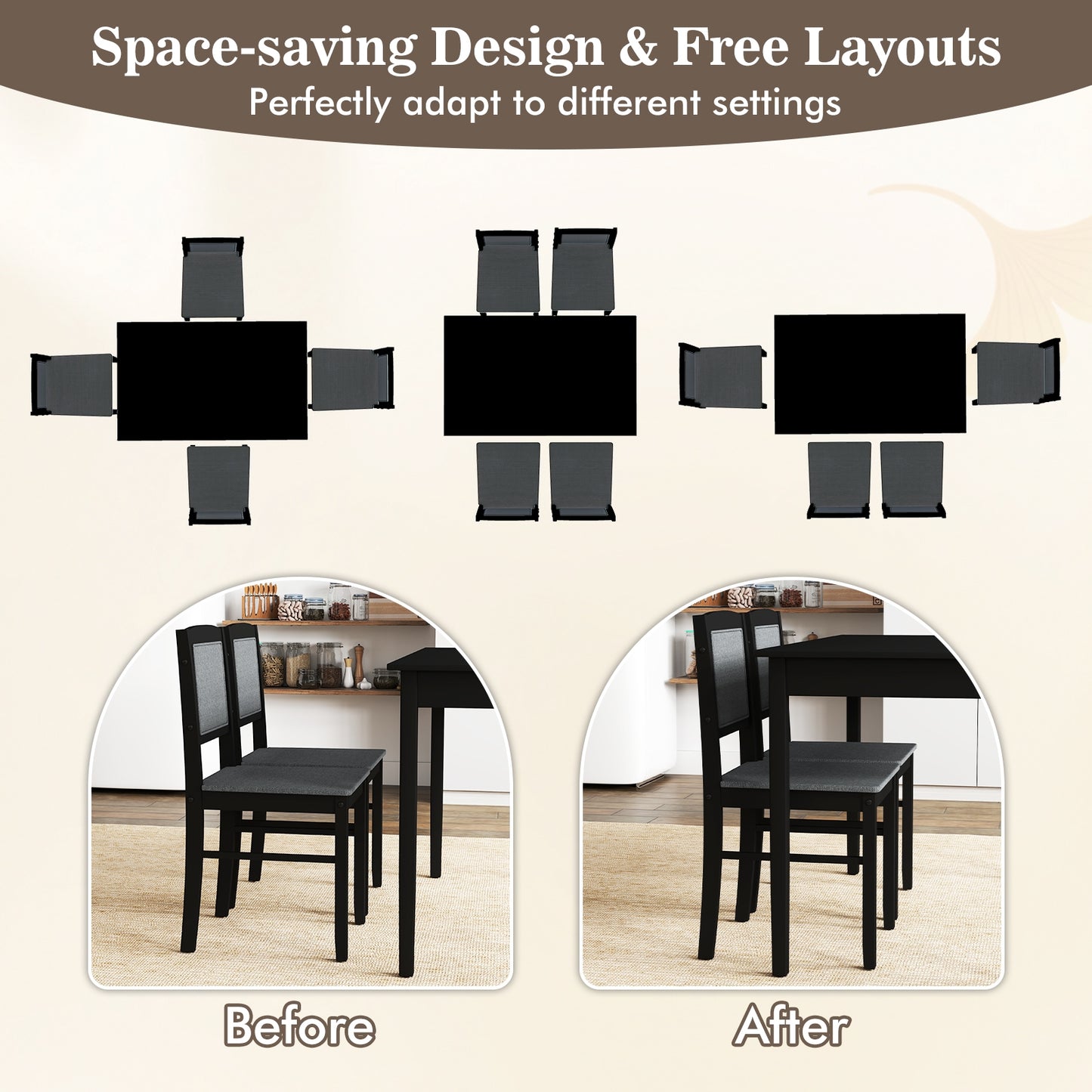 5 Piece Wooden Dining Set with Padded Chairs and Rectangular Table for Small Spaces - Grey
