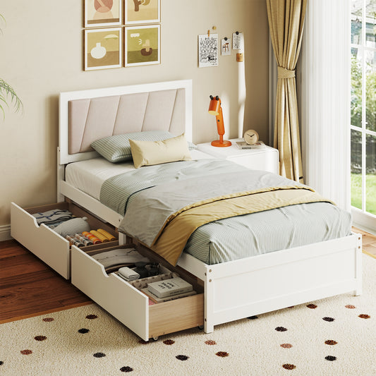 Twin Upholstered Platform Bed with Storage Drawers and Solid Wood Frame